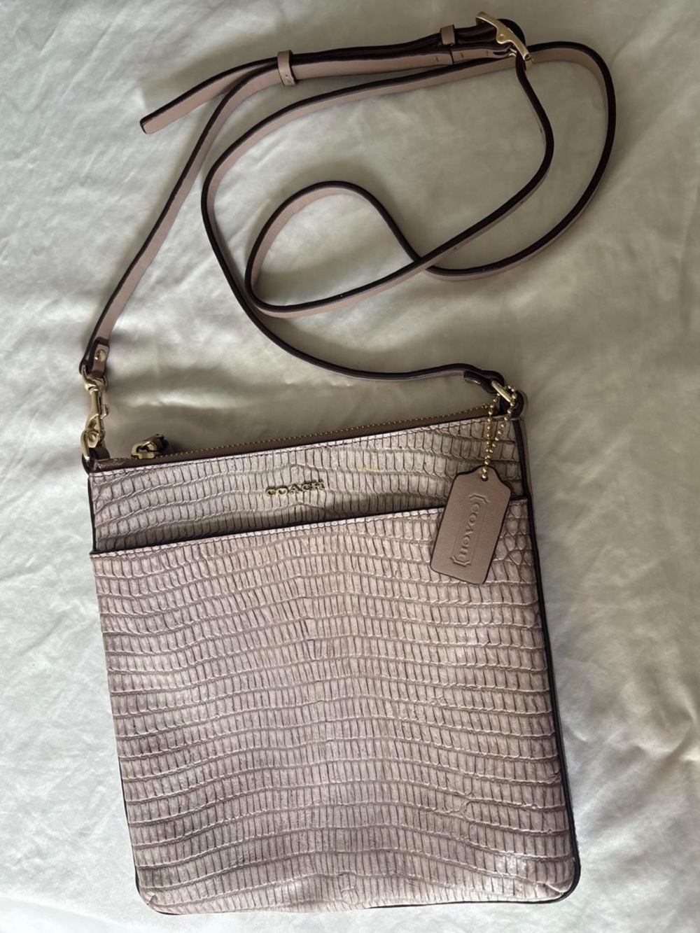 Coach Croc-Embossed Crossbody Bag in Light Taupe